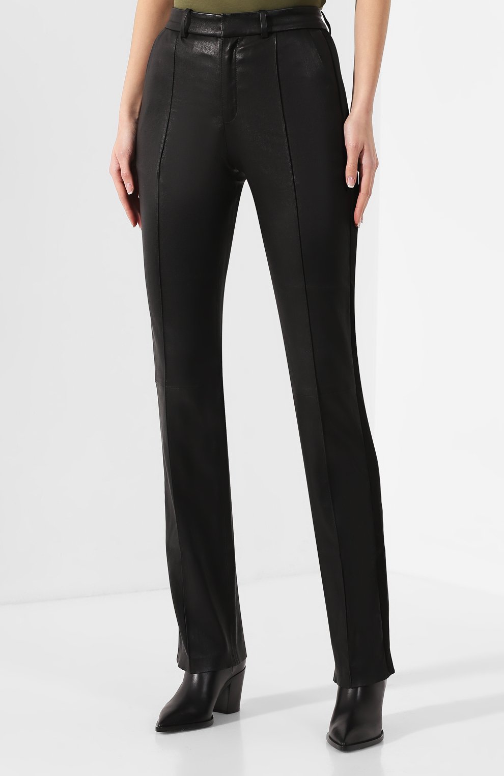 Кожаные брюки SPRWMN черного цвета по цене 185500 руб., арт. BTM-007-L/TAIL0RED PANT SATEEN TUX, фото 3 Кожаные брюки SPRWMN, арт. BTM-007-L/TAIL0RED PANT SATEEN TUX, фото 3