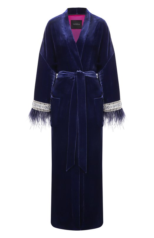 Бархатное пальто с отделкой перьями YANINA T-3102 Синий T-3102