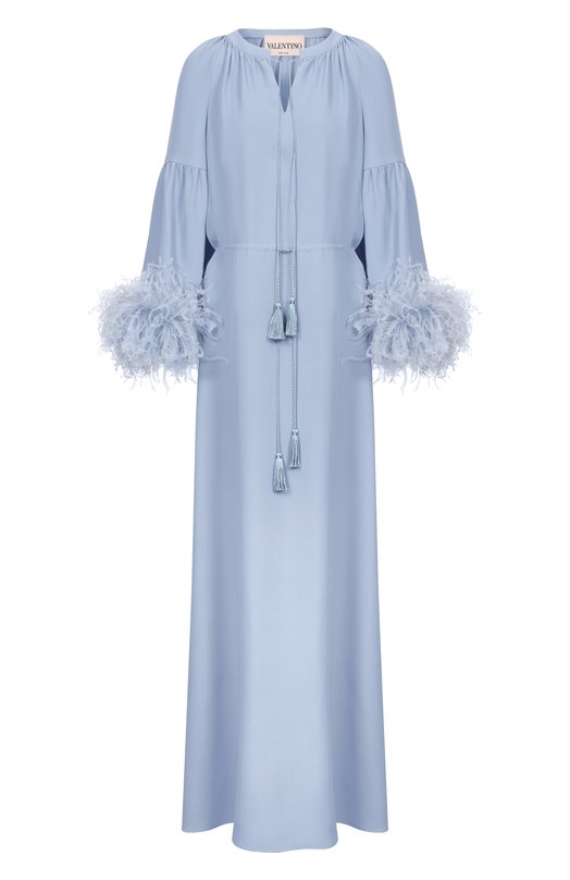 Шелковое платье с отделкой перьями Valentino 8B3VDMZ0/1MM Голубой 8B3VDMZ0/1MM