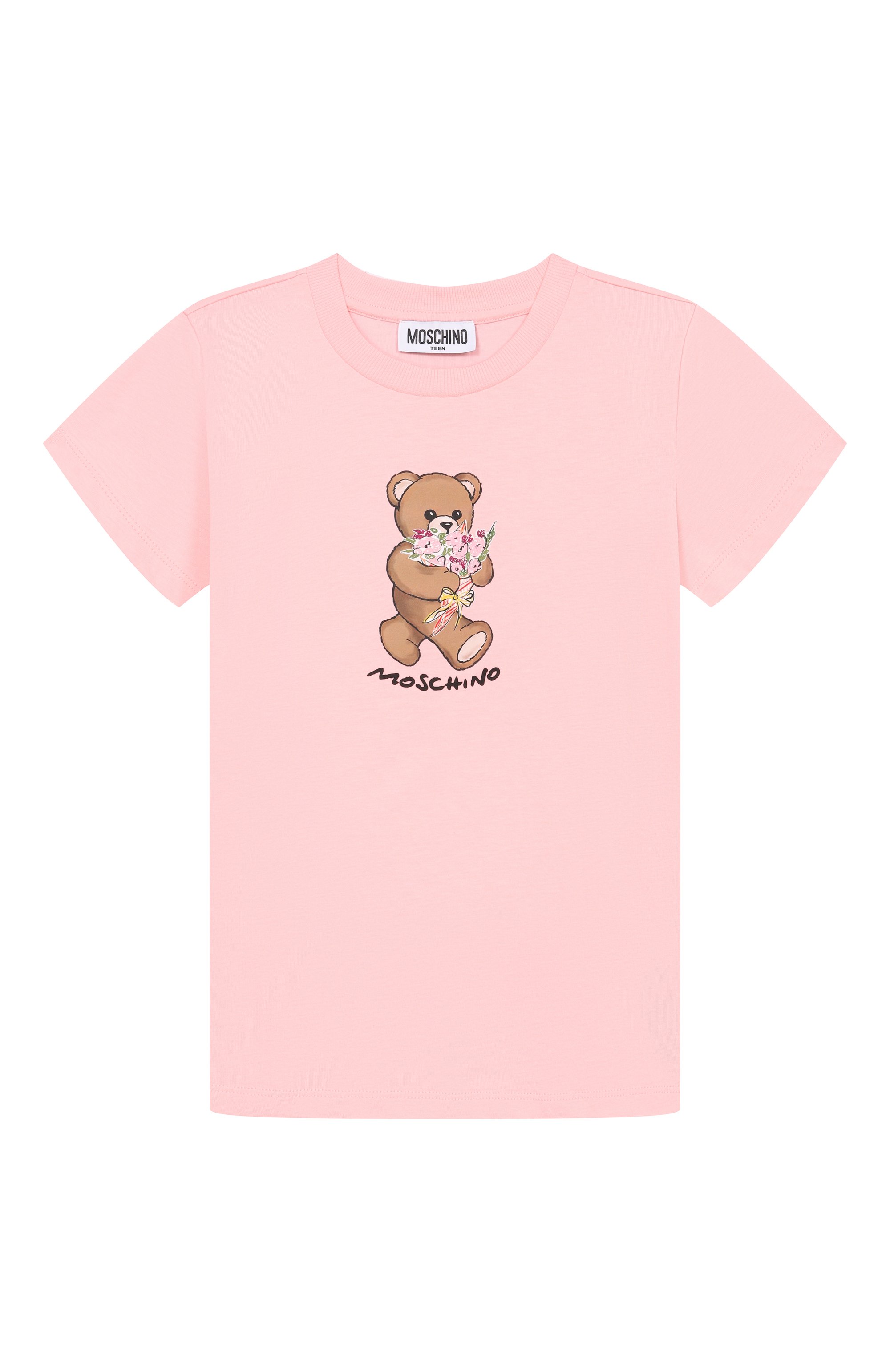 Хлопковая футболка MOSCHINO светло-розового цвета по цене 10850 руб., арт. HGM06K/LAA02, фото 1 Хлопковая футболка MOSCHINO, арт. HGM06K/LAA02, фото 1