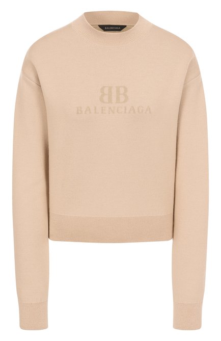 Женский пуловер из шерсти и хлопка BALENCIAGA бежевого цвета, арт. 818418/T1725 | Фото 1 (Рукава: Длинные; Материал внешний: Шерсть, Хлопок; Материал сплава: Проставлено; Длина (для топов): Стандартные; Драгоценные камни: Проставлено)