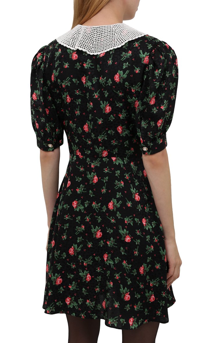 Женское шелковое платье MIU MIU черного цвета, арт. MF4360-1MP7-F0002 | Фото 4 (Материал внешний: Шелк; Длина Ж (юбки, платья, шорты): Мини; Стили: Романтичный; Случай: Повседневный; Женское Кросс-КТ: Платье-одежда; Рукава: Короткие; Драгоценные камни: Проставлено; Материал сплава: Проставлено)