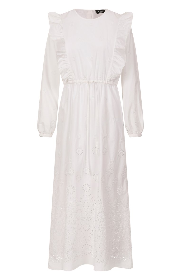 Женское хлопковое платье A.P.C. белого цвета, арт. C0HFF-F35154 | Ф�ото 1 (Рукава: Длинные; Автоматизация ТО: Проставлено; Длина Ж (юбки, платья, шорты): Миди; Материал внешний: Хлопок; Автоматизация состава: Проставлено; Случай: Повседневный; Женское Кросс-КТ: Платье-одежда; Стили: Романтичный)