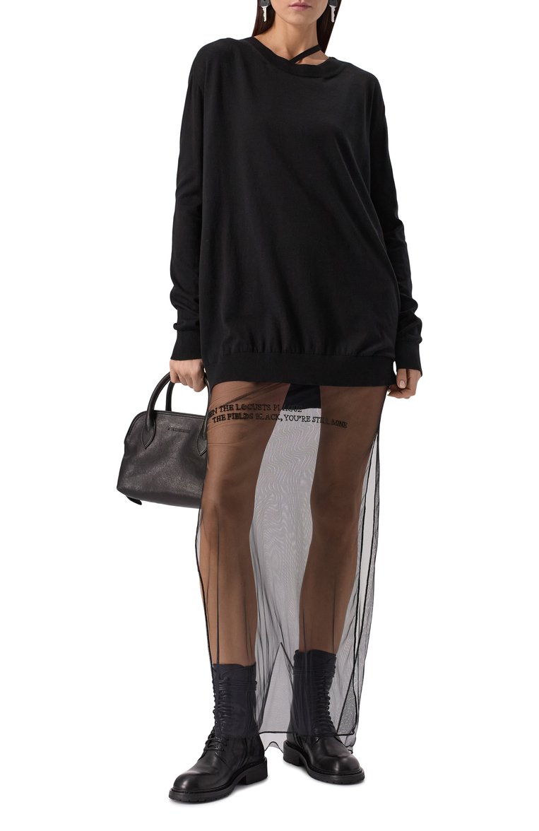 Женский пуловер из хлопка и кашемира ANN DEMEULEMEESTER черного цвета, арт. B0012521/KN055 | Фото 2 (Длина (для топов): Удлиненные; Материал внешний: Шерсть, Кашемир, Хлопок; Рукава: Длинные; Женское Кросс-КТ: Пуловер-одежда; Стили: Минимализм)