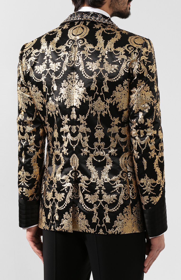 Мужской пиджак DOLCE & GABBANA золотого цвета, арт. G2NG4Z/HJMG2 | Фото 4 (Материал внешний: Полиэстер, Синтетический матери ал; Рукава: Длинные; Статус проверки: Проверено, Проверена категория; Материал подклада: Шелк; Длина (для топов): Стандартные; 1-2-бортные: Однобортные; Пиджаки М: Приталенный; Случай: Вечерний; Стили: Гламурный; Материал сплава: Проставлено, Проверено; Драгоценные камни: Проставлено)