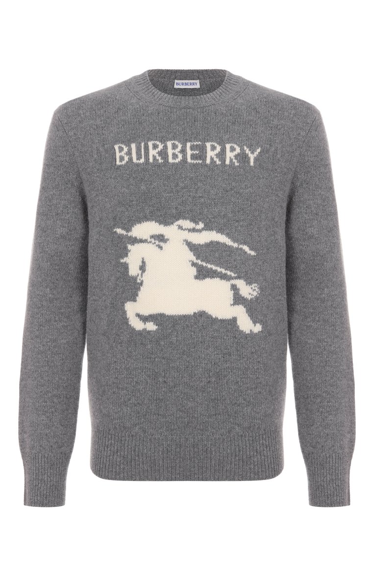 Мужской свитер из шерсти и кашемира BURBERRY серого цвета, арт. 8104878 | Фото 1 (Длина (для топов): Стандартные; Материал внешний: Шерсть; Рукава: Длинные; Принт: С принтом; Мужское Кросс-КТ: Свитер-одежда; Стили: Кэжуэл)