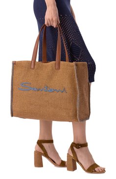 Женская сумка-тоут SANTONI бежевого цвета, арт. DIBBA2447BA-HTR7Z43 | Фото 2 (Драгоценные камни: Проставлено; Размер: large; Материал сплава: Проставлено; Материал: Рафия)