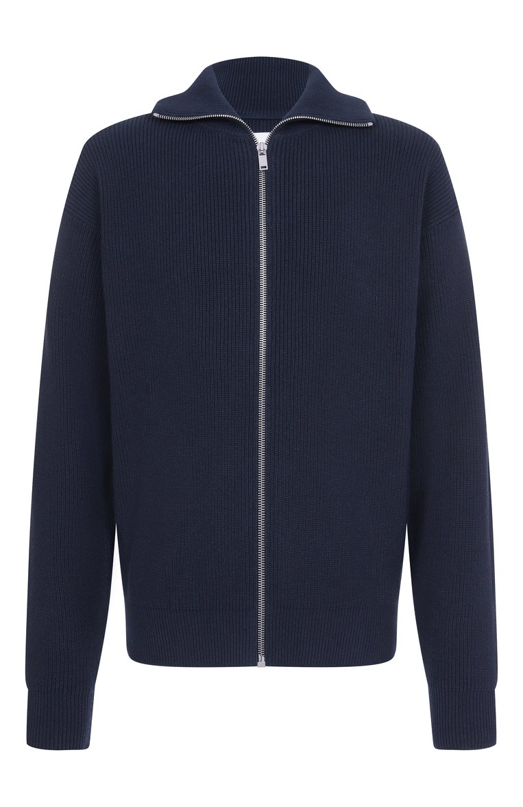 Мужской хлопковый кардиган JIL SANDER темно-синего цвета, арт. J47HP0001-J15365 | Фото 1 (Длина (для топов): Ст�андартные; Рукава: Длинные; Материал внешний: Хлопок; Мужское Кросс-КТ: Кардиган-одежда; Стили: Минимализм; Застежка: Молния)