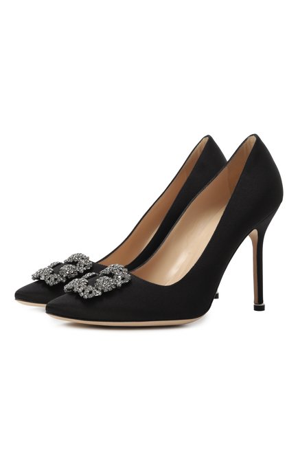 Женские текстильные туфли hangisi 105 MANOLO BLAHNIK черного цвета, арт. 9XX-0664/SAT | Фото 1 (Материал внешний: Текстиль; Материал внутренний: Натуральная кожа; Каблук высота: Высокий; Драгоценные камни: Проставлено; Подошва: Плоская; Материал сплава: Проставлено)