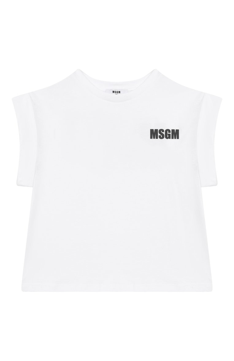 Детская хлопковая футболка MSGM KIDS белого цвета, арт. S5MSJGTH083 | Фото 1 (Материал внешний: Хлопок; Рукава: Короткие; Девочки Кросс-КТ: Футболка-спорт, футболка-одежда; Ростовка одежда: 10 - 11 лет | 140 - 146см, 6 лет | 116 см, 12 лет | 152 см, 8 лет | 128 см, 16 лет | 164 см)