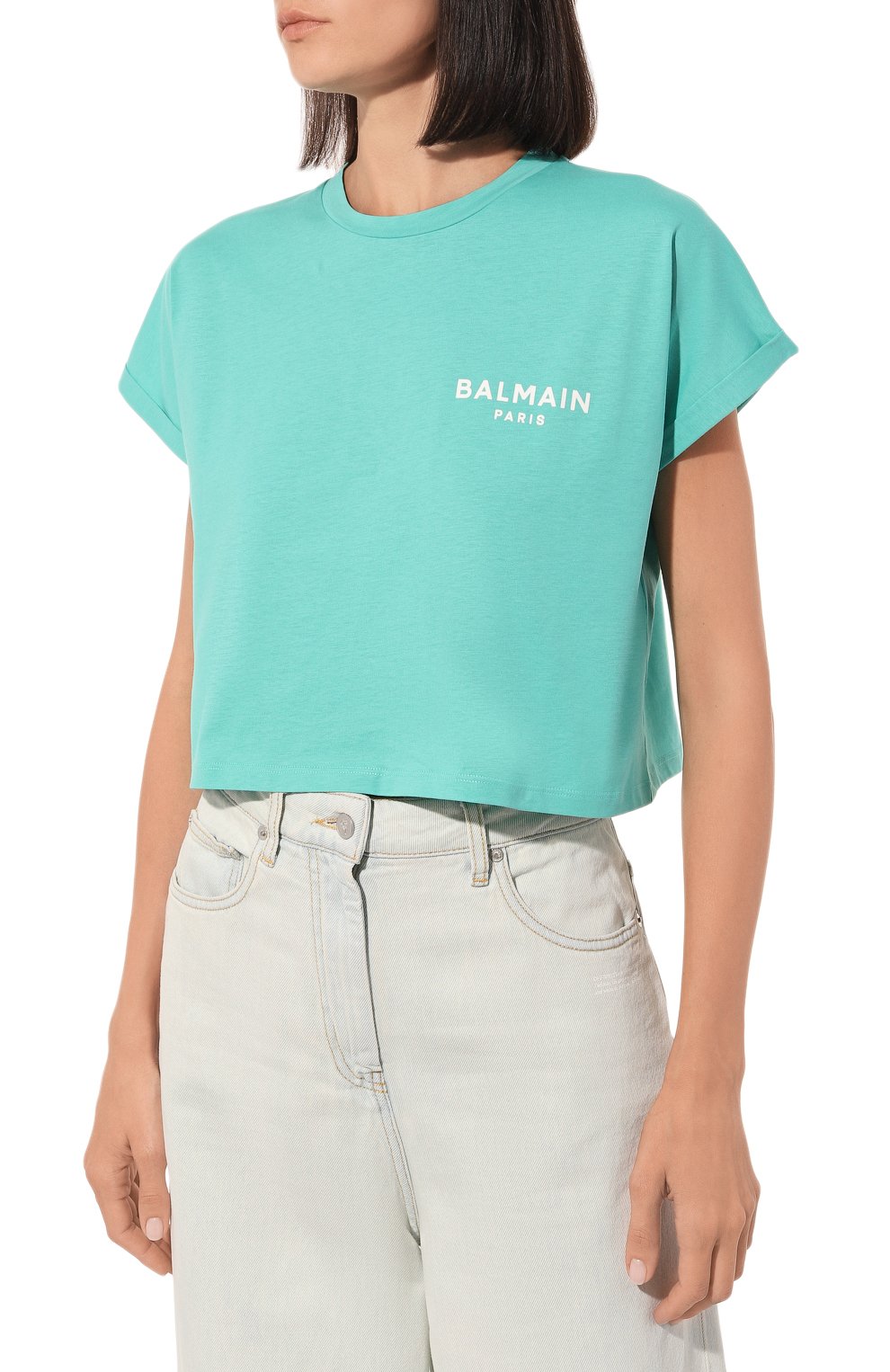 Хлопковая футболка BALMAIN бирюзового цвета по цене 37100 руб., арт. AF1EE005BB01, фото 3 Хлопковая футболка BALMAIN, арт. AF1EE005BB01, фото 3