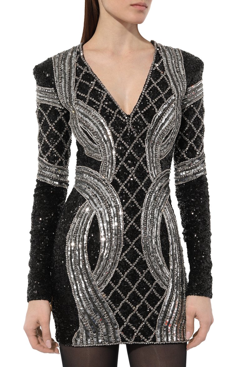 Женское платье с отделкой стразами и пайетками BALMAIN черного цвета, арт. AF0R8550PB82 | Фото 3 (Материал подклада: Шелк; Материал внешний: Синтетический материал; Длина Ж (юбки, платья, шорты): Мини; Рукава: Длинные; Женское Кросс-КТ: Платье-одежда; Стили: Романтичный; Случай: Коктейльный)