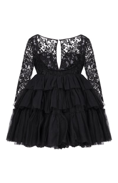 Женское однотонное мини-платье с кружев ной отделкой и оборками SAINT LAURENT, арт. 510144/Y363H