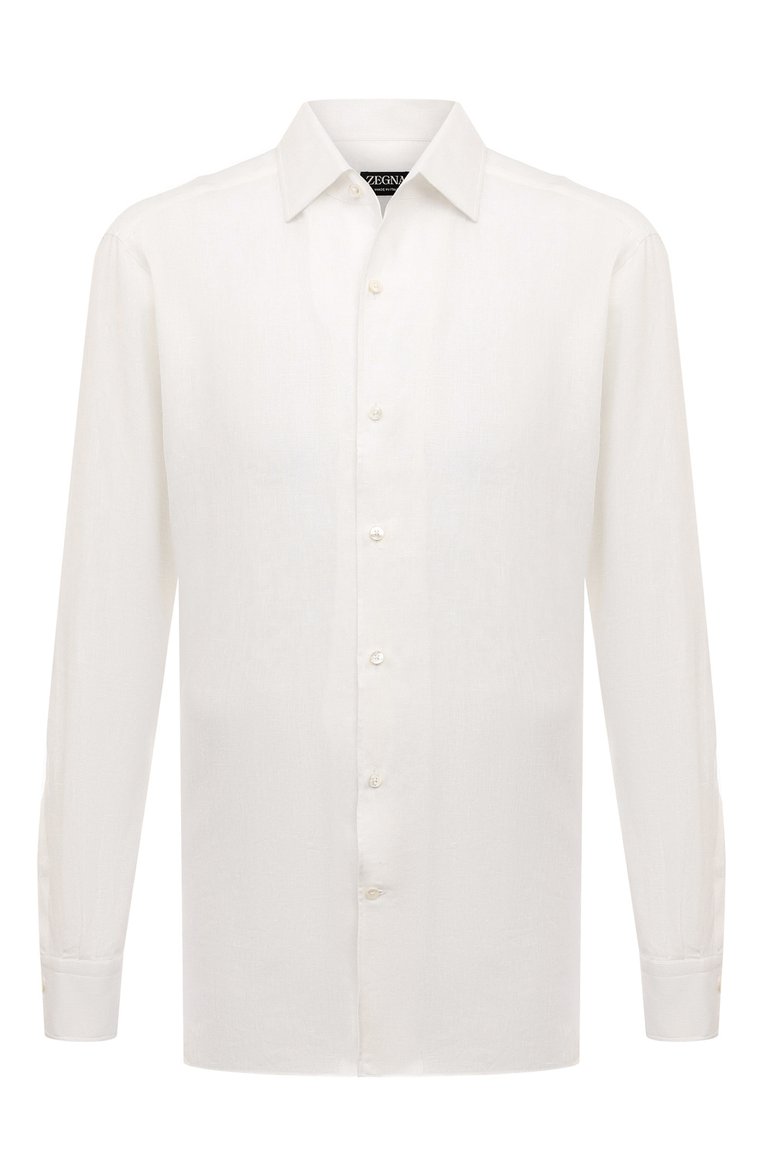 Мужская льняная рубашка ZEGNA белого цвета, арт. UBX30A5/SR03802 | Фото 1 (Длина (для топов): Стандартные; Материал внешний: Лен; Рукава: Длинные; Стили: Кэжуэл; Принт: Однотонные; Случай: Повседневный; Манжеты: На пуговицах; Воротник: Акула; Автоматизация ТО: Проставлено; Автоматизация состава: Проставлено; Детали: Без декора)
