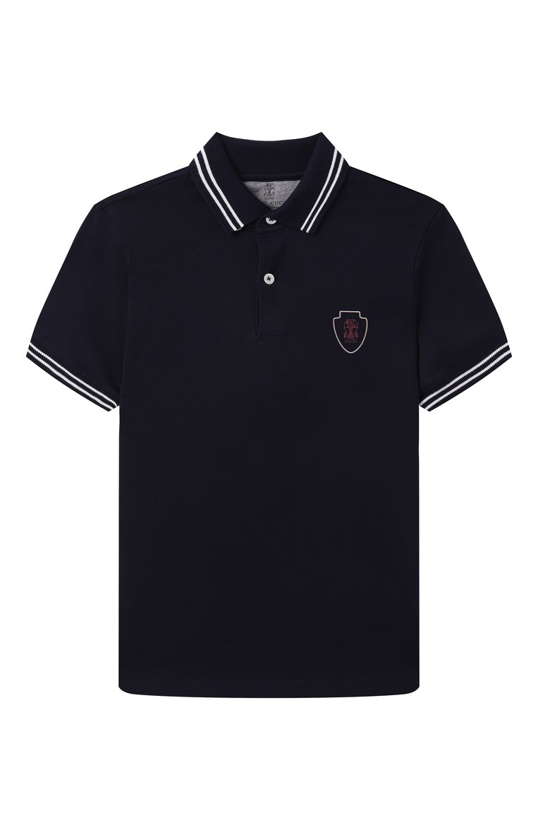 Детское хлопковое поло BRUNELLO CUCINELLI темно-синего цвета, арт. B0B13917TC | Фото 1 (Рукава: Короткие; Материал внешний: Хлопок; Ростовка одежда: 13 - 15 лет | 158 см)