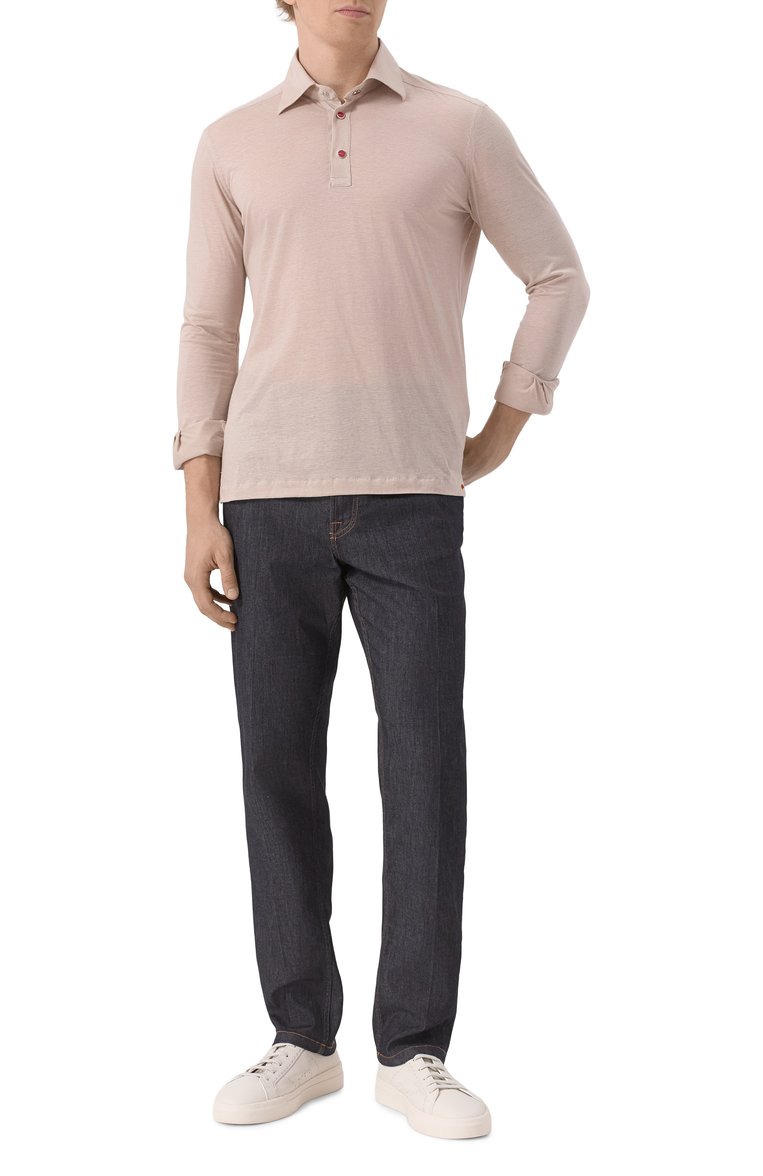 Мужское поло KITON бежевого цве�та, арт. UMCP0SH0924206 | Фото 2 (Рукава: Длинные; Материал внешний: Хлопок; Автоматизация состава: Проставлено; Автоматизация ТО: Проставлено; Длина (для топов): Стандартные; Стили: Кэжуэл; Принт: Без принта; Застежка: Кнопки; Детали: Без декора; Кросс-КТ: Джерси)