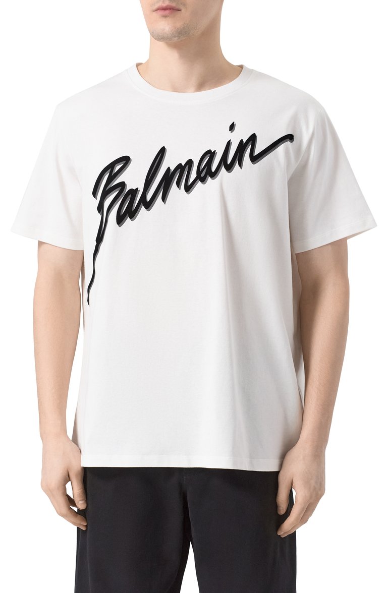 Мужская хлопковая футболка BALMAIN белого цвета, арт. EH1EG010/BC86 | Фото 3 (Материал сплава: Проставлено; Драгоценные камни: Проставлено; Рукава: Короткие; Длина (для топов): Стандартные; Принт: С при�нтом; Стили: Спорт-шик; Материал внешний: Хлопок; Мужское Кросс-КТ: Футболка-одежда; Кросс-КТ: Джерси)