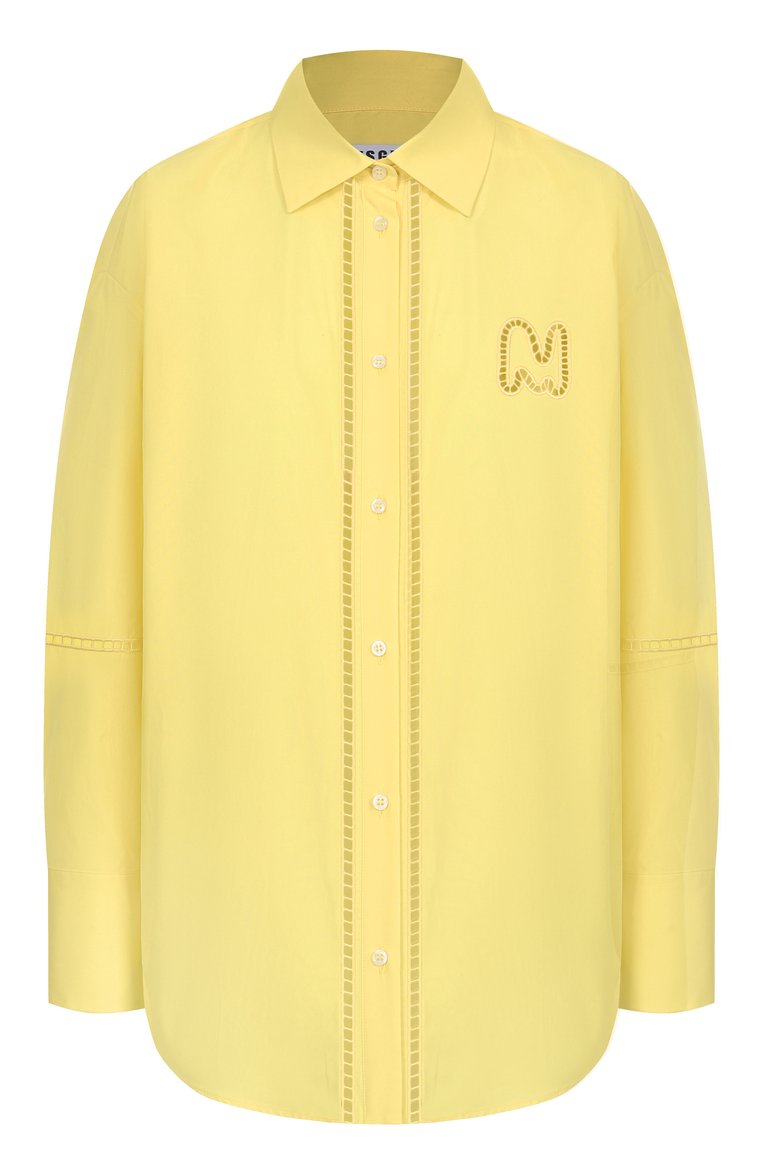 Женская хлопковая рубашка MSGM желтого цвета, арт. 3841MDE10X/257100 | Фото 1 (Рукава: Длинные; Материал внешний: Хлопок; Длина (для топов): Удлиненные; Женское Кросс-КТ: Рубашка-одежда; Принт: Без принта; Стили: Кэжуэл; Автоматизация ТО: Проставлено; Автоматизация состава: Проставлено; Детали: Декор)