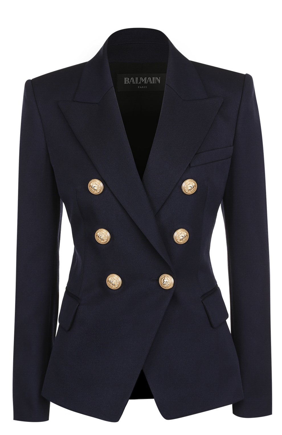 Двубортный приталенный жакет из шерсти BALMAIN темно-синего цвета по цене 191000 руб., арт. 997498/132L, фото 1 Двубортный приталенный жакет из шерсти BALMAIN, арт. 997498/132L, фото 1