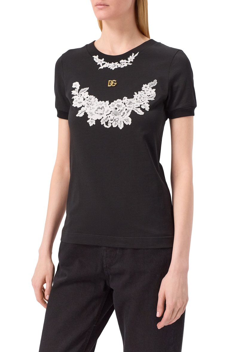 Женская хлопковая футболка DOLCE & GABBANA черного цвета, арт. F8N08T/GDCTJ | Фото 3 (Рукава: Короткие; Материал внешний: Хлопок; Длина (для топов): Стандартные; Стили: Кэжуэл; Женское Кросс-КТ: Футболка-одежда; Принт: Без принта; Автоматизация ТО: Проставлено; Размерность: Идёт в размер; Автоматизация состава: Проставлено; Re-sync: On)