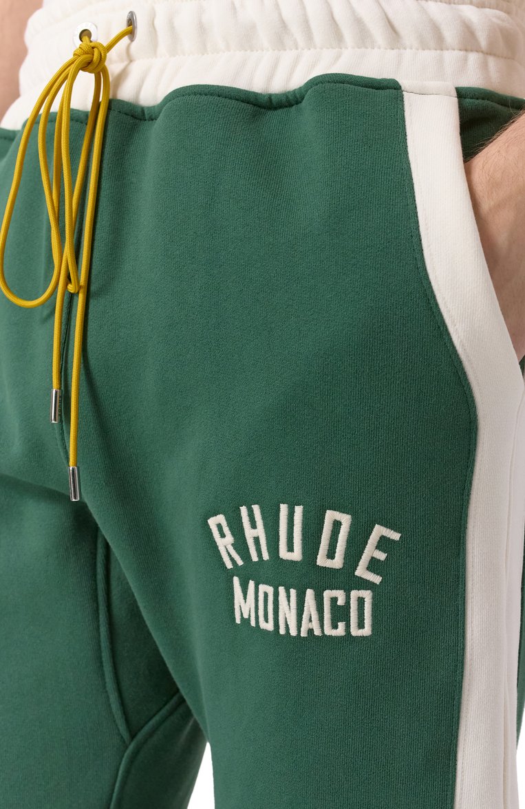 Мужские хлопковые брюки RHUDE зеленого цвета, арт. RHSS25SP01012 | Фото 5 (Автоматизация состава: Проставлено; Автоматизация ТО: Проставлено; Материал внешний: Хлопок; Длина (брюки, джинсы): Стандартные; Стили: Кэжуэл; Случай: Повседневный)