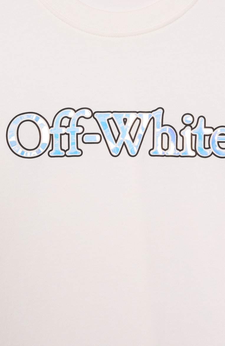 Детская хлопковая футболка OFF-WHITE молочного цвета, арт. 0GAA001S25JER001/4-12 | Фото 3 (Автоматизация состава: Проставлено; Автоматизация ТО: Проставлено; Материал внешний: Хлопок; Рукава: Короткие; Девочки Кросс-КТ: футбо�лка-одежда, Футболка-спорт; Ростовка одежда: 4 года | 104 см, 8 лет | 128 см, 6 лет | 116 см, 12 лет | 152 см, 10 - 11 лет | 140 - 146см)