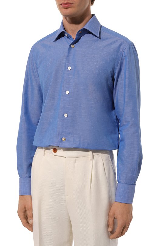 Сорочка из хлопка и льна Kiton UCIH06609 Синий  UCIH06609 Фото 3