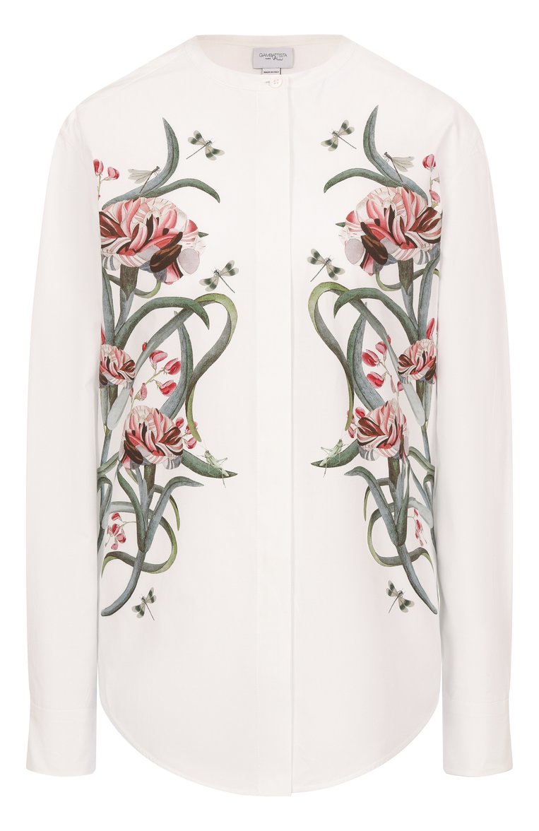 Женская хлопковая рубашка GIAMBATTISTA VALLI белого цвета, арт. 25SSSVCA1079/A2PRI | Фото 1 (Материал внешний: Хлопок; Автоматизация состава: Проставлено; Автоматизация ТО: Проставлено; Длина (для топов): Удлиненные; Рукава: Длинные; Женское Кросс-КТ: Рубашка-одежда; Принт: С принтом; Стили: Кэжуэл)