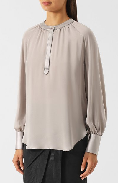 Шелковая блуза свободного кроя с воротником-стойкой BRUNELLO CUCINELLI, арт. MA985Q1501, фото 3