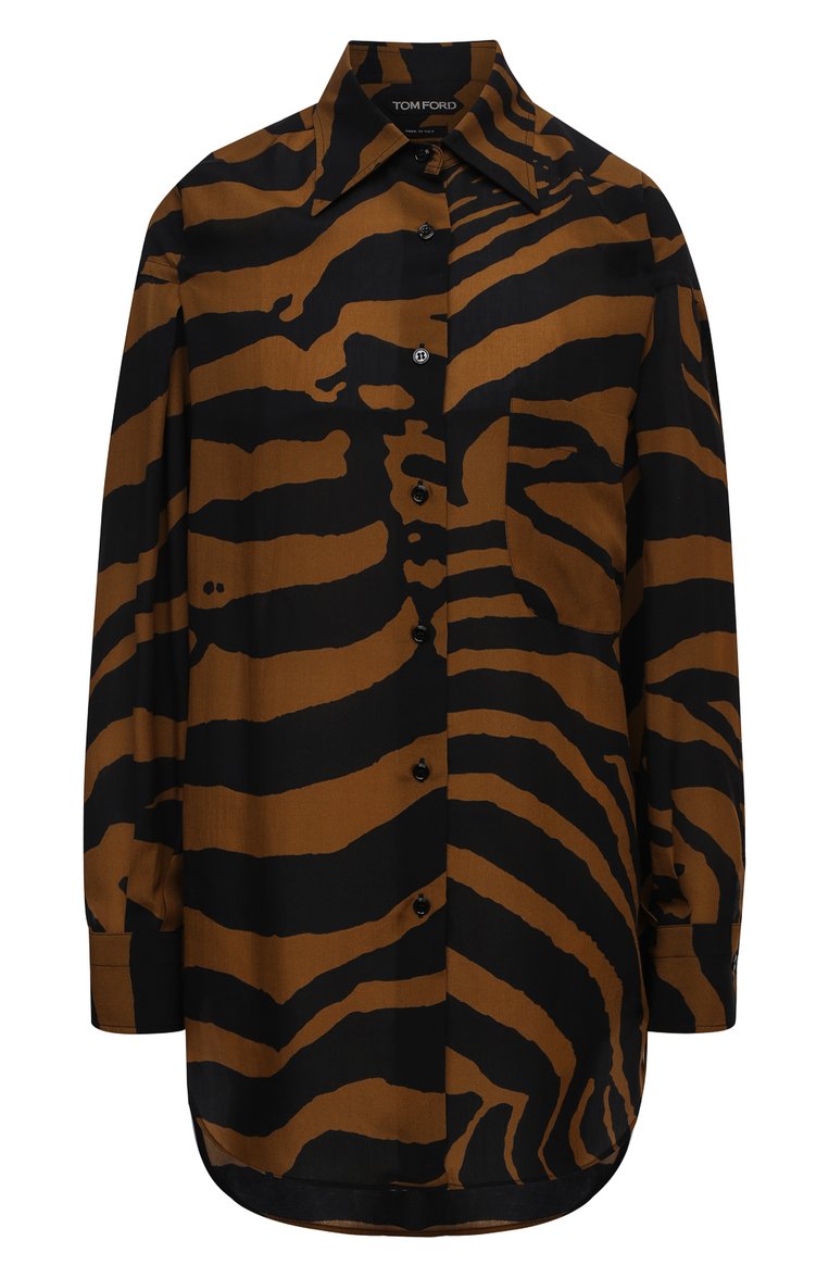 Женская рубашка TOM FORD коричневого цвета, арт. CA3191-FAP139 | Фото 1 (Длина (для топов): Удлиненные; Рукава: Длинные; Женское Кросс-КТ: Рубашка-одежда; Принт: С принтом; Стили: Кэжуэл; Региональные ограничения белый список (Axapta Mercury): RU; Материал внешний: Хлопок)