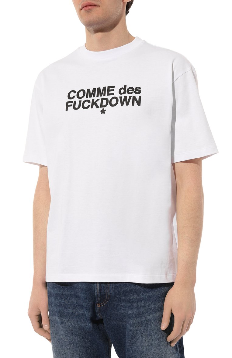 Мужская хлопковая футболка COMME DES FUCKDOWN белого цвета, арт. CFABM00008 | Фото 3 (Длина (для топов): Стандартные; Рукава: Короткие; Материал внешний: Хлопок; Стили: Кэжуэл; Принт: С принтом; Кросс-КТ: Джерси; Мужское Кросс-КТ: Футболка-одежда; Автоматизация состава: Проставлено; Автоматизация ТО: Проставлено; Детали: Без декора)