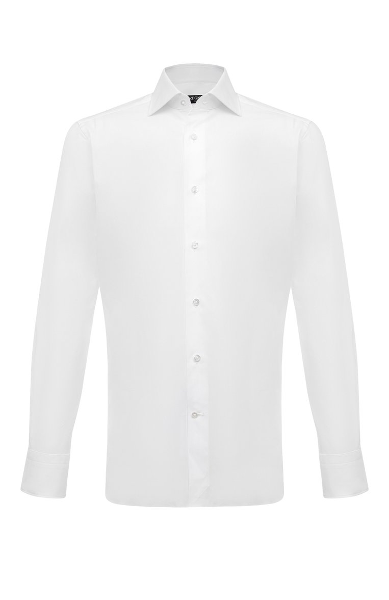 Мужская хлопковая сорочка ZEGNA белого цвета, арт. CT1031/9MS0BA | Фото 1 (Рукава: Длинные; Материал внешний: Хлопок; Длина (для топов): Стандартные; Принт: Однотонные; Стили: Классический; Манжеты: На пуговицах; Случай: Формальный; Воротник: Акула; Автоматизация состава: Проставлено; Детали: Без декора; Автоматизация ТО: Проставлено)