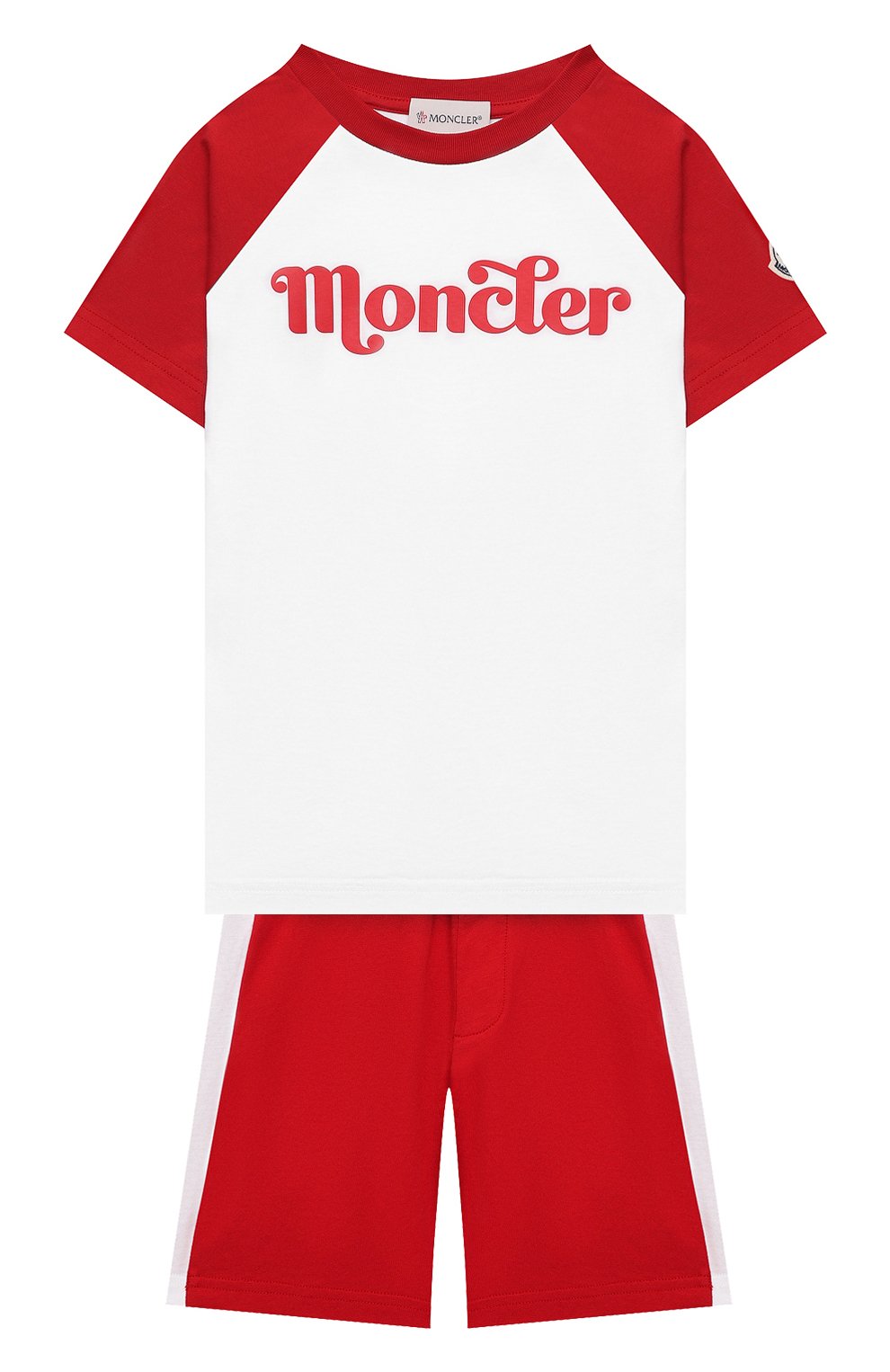 Комплект из футболки и шорт MONCLER красного цвета по цене 23450 руб., арт. G1-954-8M747-20-83907/12-14A, фото 1 Комплект из футболки и шорт MONCLER, арт. G1-954-8M747-20-83907/12-14A, фото 1