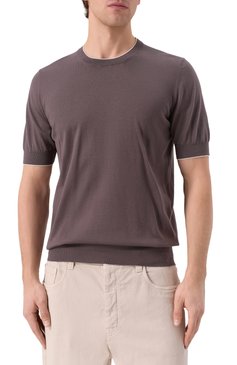 Мужской хлопковый джемпер BRUNELLO CUCINELLI коричневого цвета, арт. M29805200 | Фото 3 (Рукава: Короткие; Материал внешний: Хлопок; Длина (для топов): Стандартные; Вырез: Круглый; Принт: Без принта; Мужское Кросс-КТ: Джемперы; Стили: Кэжуэл)