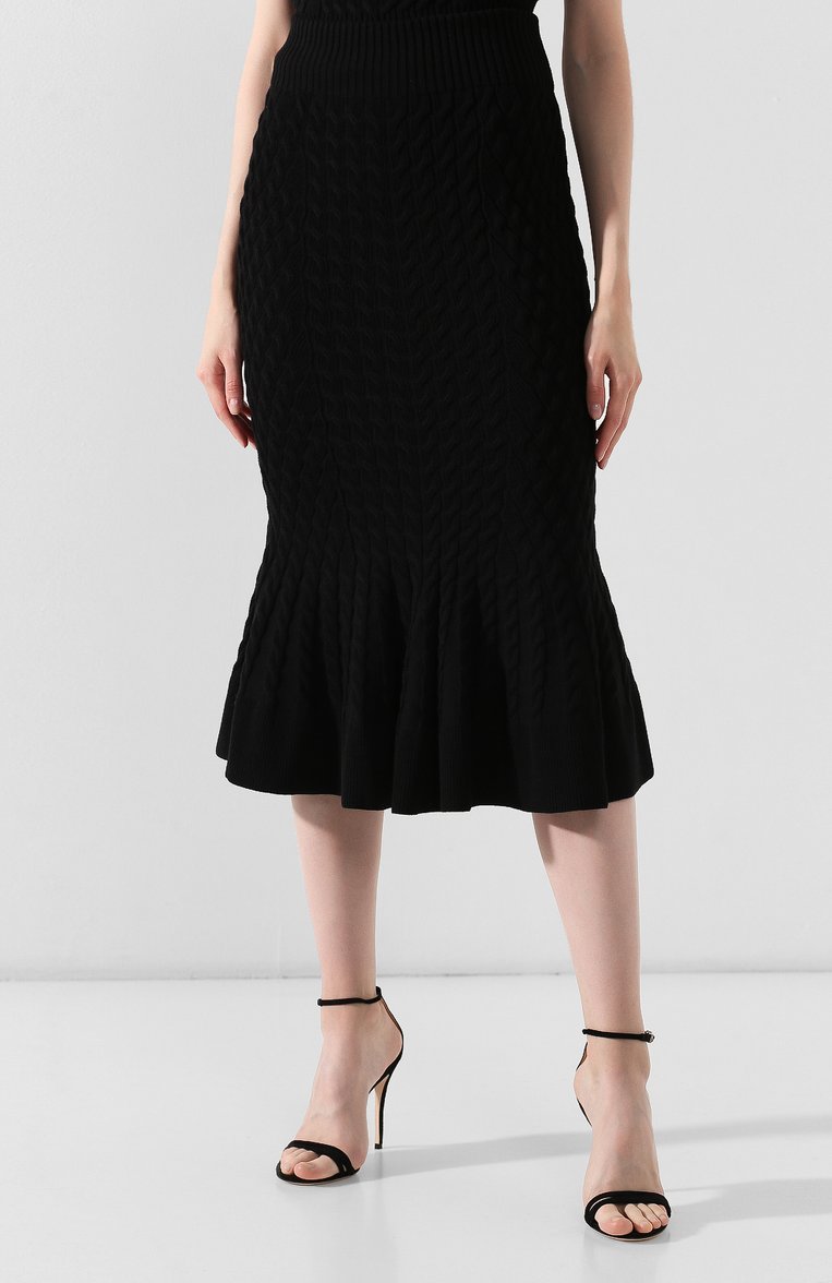 Женская шерстяная юбка ALEXANDER MCQUEEN черного цвета, арт. 585181/Q1AB2 | Фото 3 (Материал внешний: Шерсть; Длина Ж (юбки, платья, шорты): Миди; Ст�атус проверки: Проверена категория; Женское Кросс-КТ: Юбка-одежда; Материал сплава: Проставлено; Ювелирные украшения: Назначено; Драгоценные камни: Проставлено)
