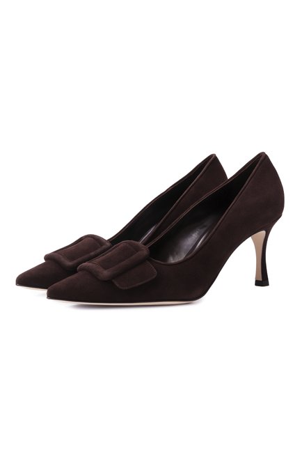 Женские замшевые туфли MANOLO BLAHNIK темно-коричневого цвета, арт. 219-0373/SUE | Фото 1 (Материал внутренний: Натуральная кожа; Материал сплава: Проставлено; Материал внешний: Натуральная кожа; Драгоценные камни: Проставлено; Подошва: Плоская; Каблук высота: Средний)