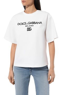 Женская футболка DOLCE & GABBANA белого цвета, арт. F8U96Z/GDB9Q | Фото 3 (Рукава: Короткие; Материал внешний: Синтетический материал, Хлопок; Длина (для топов): Стандартные; Принт: С принтом; Материал сплава: Пр�оставлено; Стили: Спорт-шик; Женское Кросс-КТ: Футболка-одежда; Драгоценные камни: Проставлено)