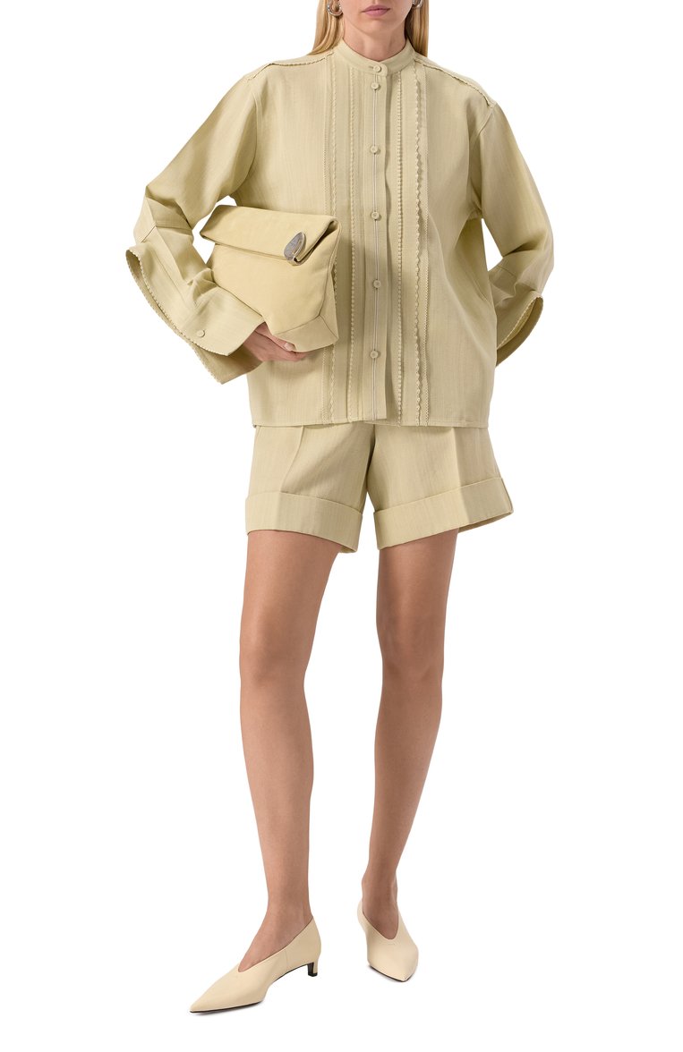 Женская рубашка из вискозы и шелка JIL SANDER зеленого цвета, арт. J02DL0231-J65005 | Фото 2 (Автоматизация состава: Проставлено; Материал внешний: Шелк, Вискоза; Рукава: Длинные; Длина (для топов): Стандартные; Автоматизация ТО: Проставлено; Кросс-КТ: костюм; Женское Кросс-КТ: Рубашка-одежда; Принт: Без принта; Стили: Классический; Детали: Декор)