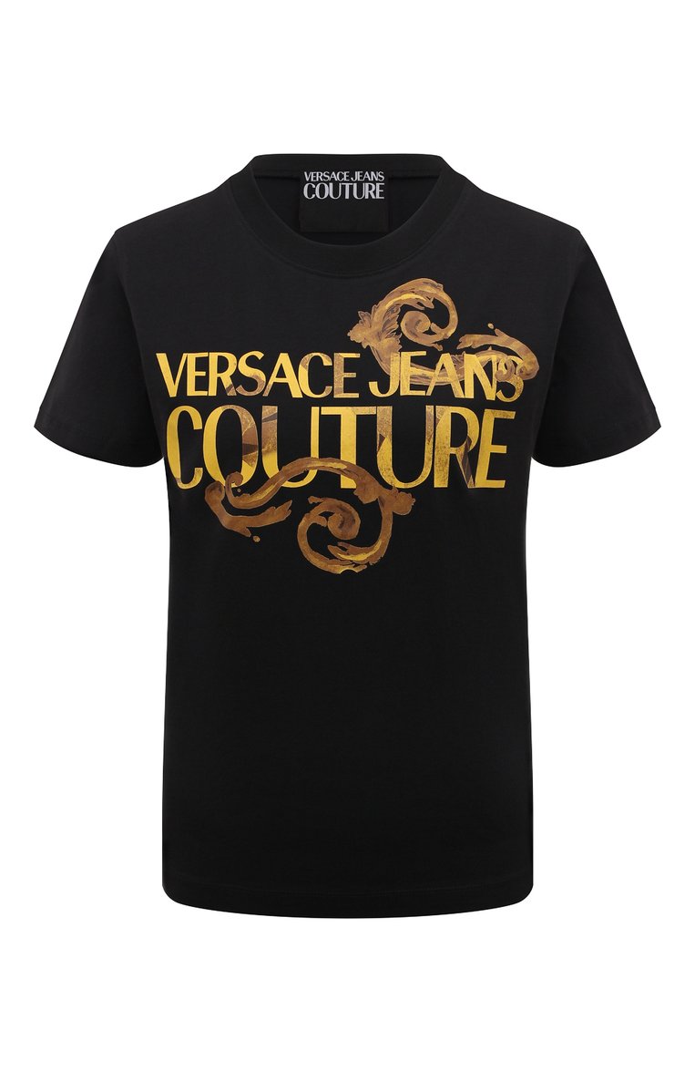 Женская хлопковая футболка VERSACE JEANS COUTURE черного цвета, арт. 76HAHG00/CJ00G | Фото 1 (Длина (для топов): Стандартные; Рукава: Короткие; Материал внешний: Хлопок; Стили: Кэжуэл; Принт: С принтом)