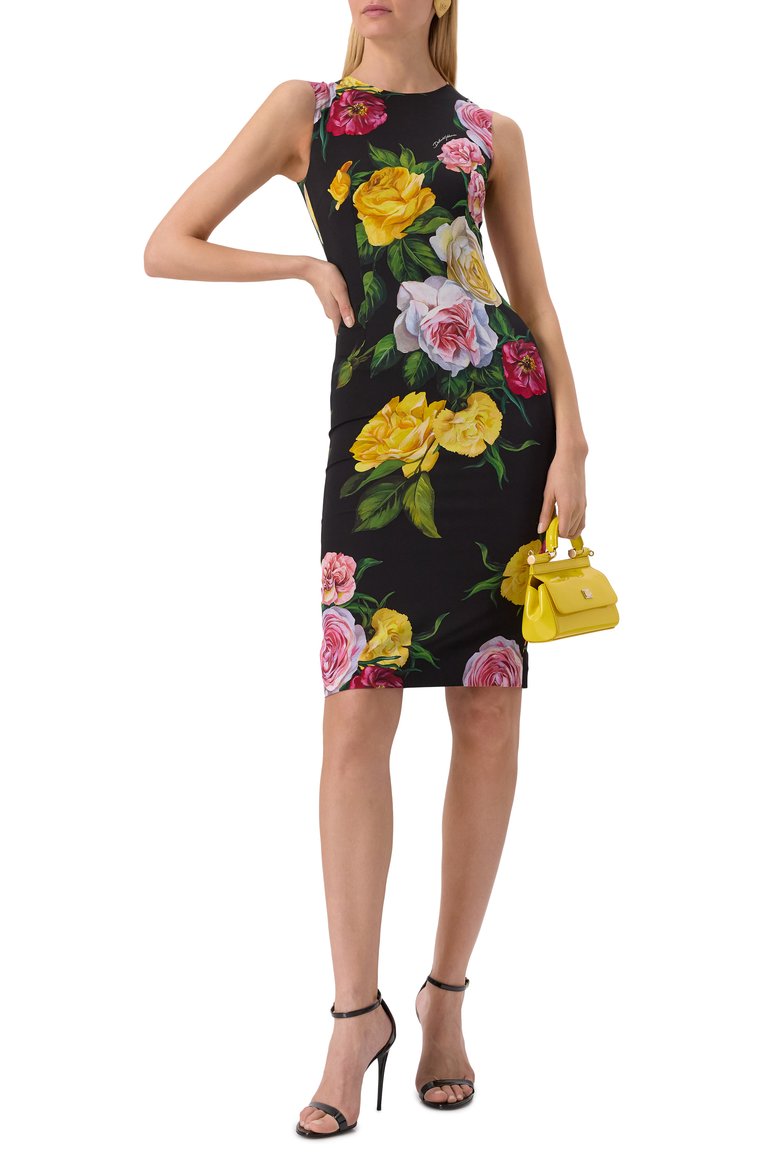 Женское шелковое платье DOLCE & GABBANA разноцветного цвета, арт. F6TMST/FSA7B | Фото 2 (Длина Ж (юбки, платья, шорты): До колена; Драгоценные камни: Проставлено; Материал сплава: Проставлено; Материал внешний: Шелк; Случай: Коктейльный; Женское Кросс-КТ: платье-футляр, Платье-одежда; Стили: Гламурный; Рукава: Без рукавов)