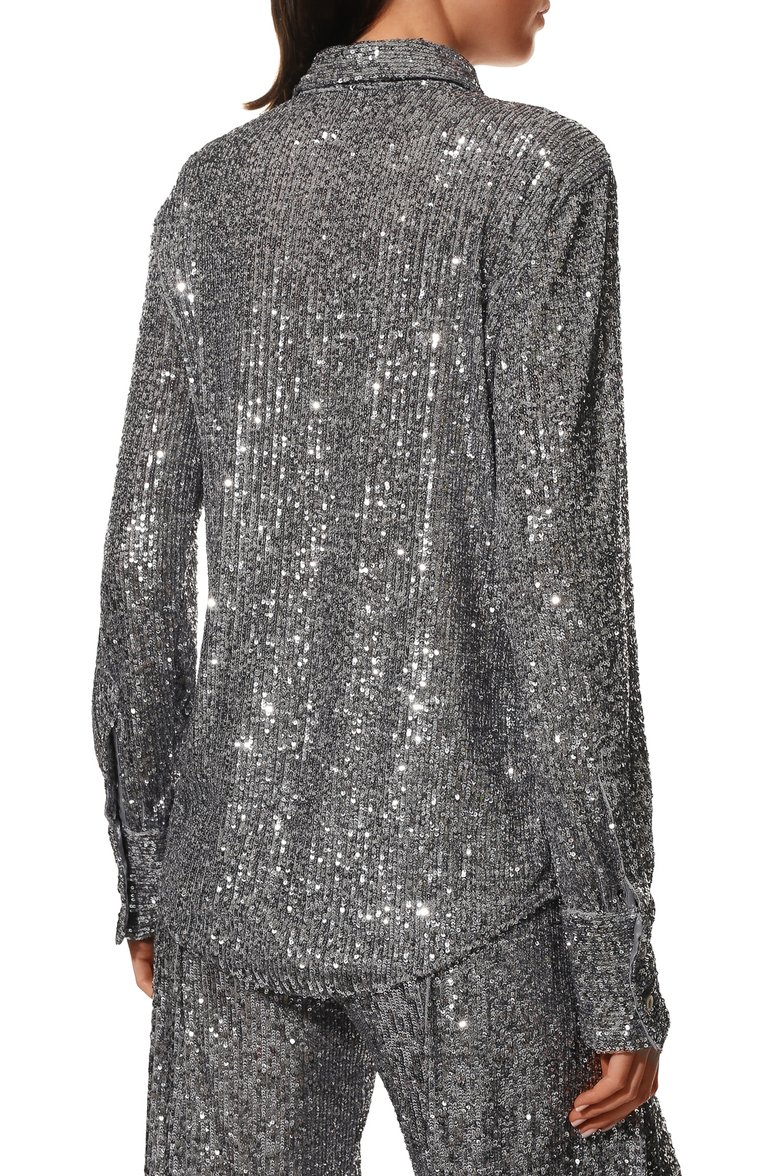 Женская рубашка с отделкой па�йетками TOM FORD серебряного цвета, арт. CA3204-FAE381 | Фото 4 (Длина (для топов): Стандартные; Рукава: Длинные; Материал внешний: Синтетический материал; Женское Кросс-КТ: Рубашка-одежда; Стили: Гламурный, Кэжуэл; Принт: Без принта; Автоматизация ТО: Проставлено; Автоматизация состава: Проставлено; Детали: Декор)