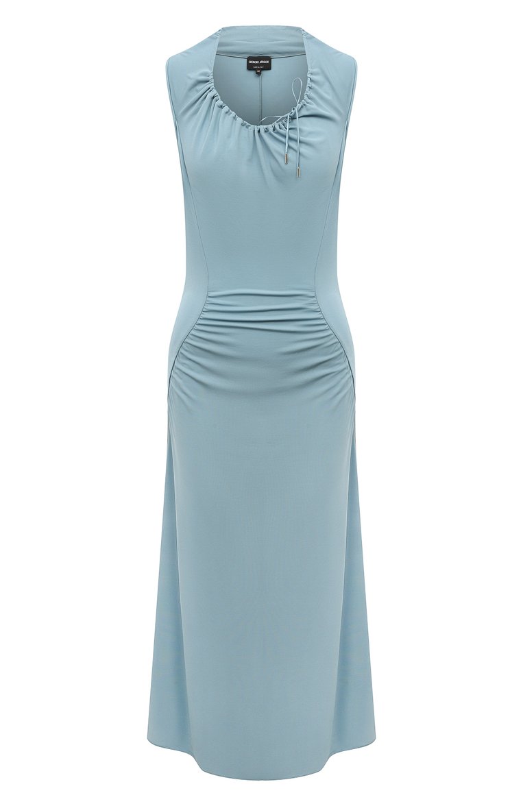 Женское платье из вискозы GIORGIO ARMANI голубого цвета, арт. 6DAA51/AJFKZ | Фото 1 (Материал внешний: Вискоза; Длина Ж (юбки, платья, шорты): Миди; Женское Кросс-КТ: Платье-одежда; Случай: Повседневный; Стили: Кэжуэл; Рукава: Без рукавов)