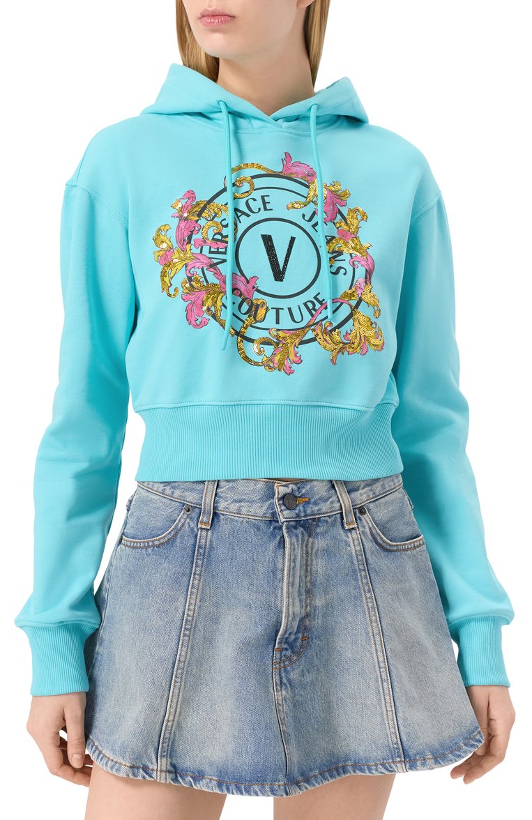 Женский хлопковое худи VERSACE JEANS COUTURE бирюзового цвета, арт. 78HAIC01/CF00C | Фото 3 (Длина (для топов): Укороченные; Рукава: Длинные; Материал внешний: Хлопок; Стили: Спорт-шик; Женское Кросс-КТ: Худи-одежда; Автоматизация состава: Проставлено; Автоматизация ТО: Проставлено)