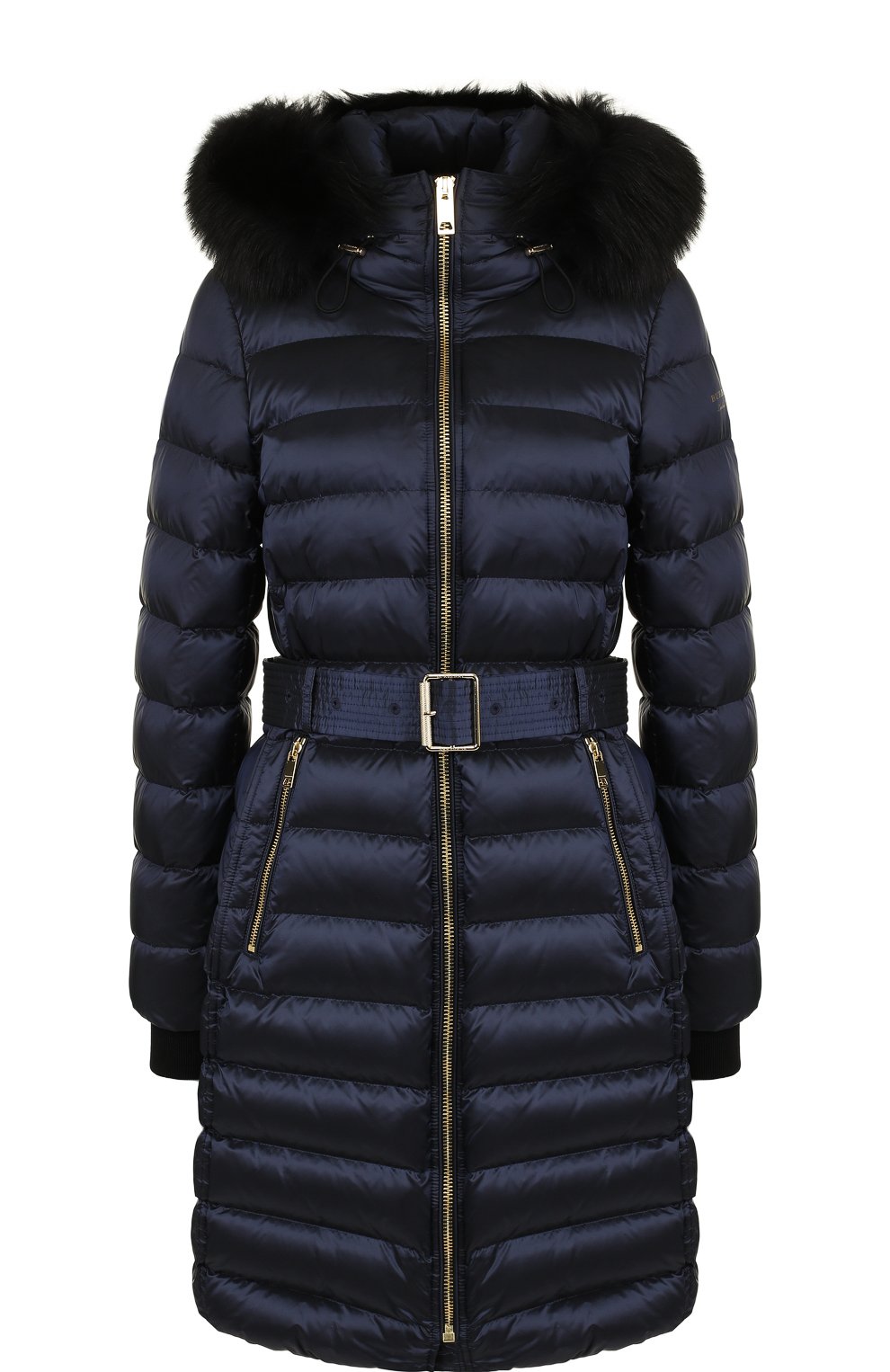 Удлиненный стеганый пуховик с меховой отделкой капюшона и поясом BURBERRY, арт. 4061055, фото 1