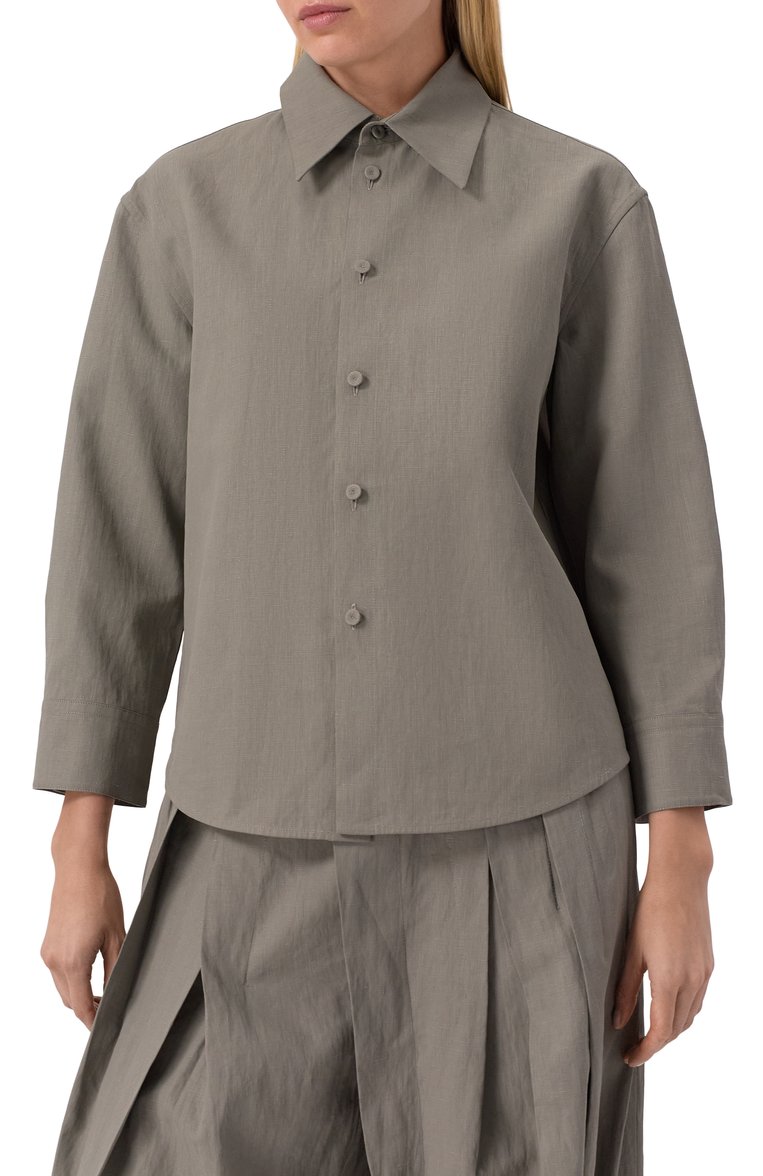 Женская льняная рубашка JIL SANDER серого цвета, арт. J02DL0205/J60001 | Фото 3 (Длина (для топов): Стандартные; Рукава: Длинные; Материал внешний: Лен; Принт: Без принта; Женское Кросс-КТ: Рубашка-одежда; Стили: Минимализм; Автоматизация состава: Проставлено; Автоматизация ТО: Проставлено)