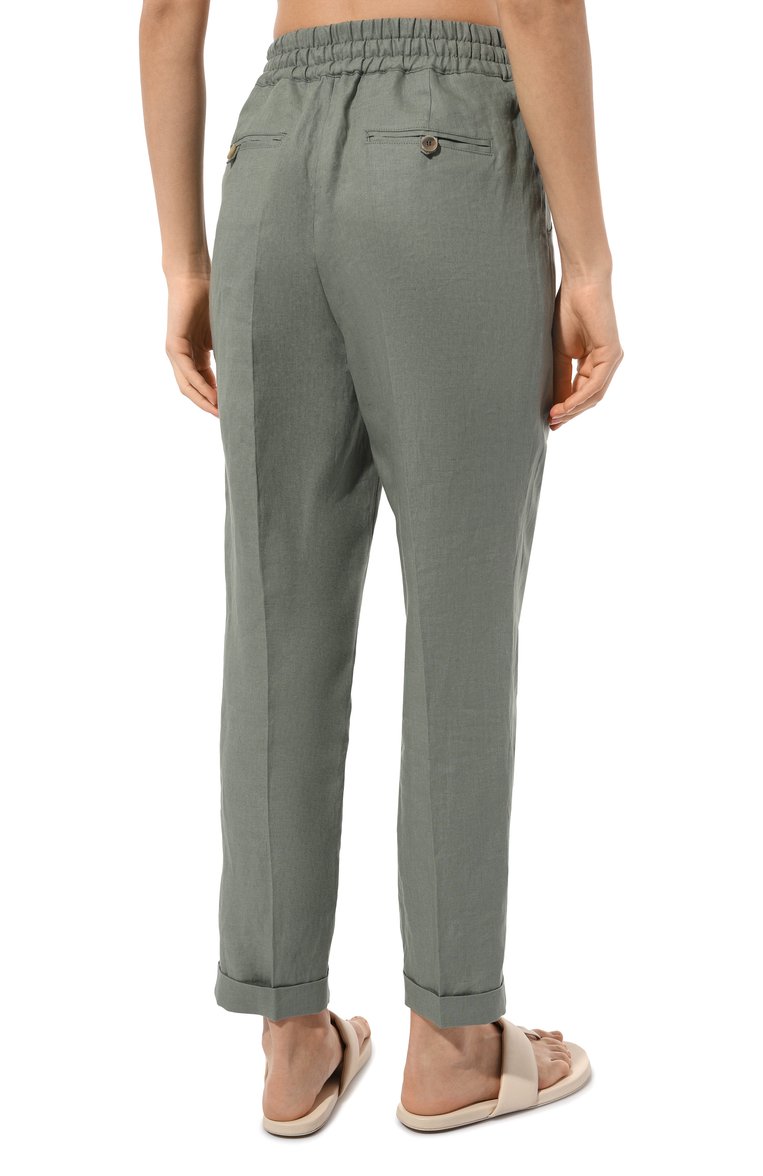Женские льняные брюки KITON хаки цвета, арт. D37102K0961C | Фото 4 (Длина (брюки, джинсы): Стандартные; Материал внешний: Лен; Стили: Кэжуэл; Женское Кросс-КТ: Брюки-одежда; Силуэт Ж (брюки и джинсы): Прямые; Автоматизация ТО: Проставлено; Автоматизация состава: Проставлено)