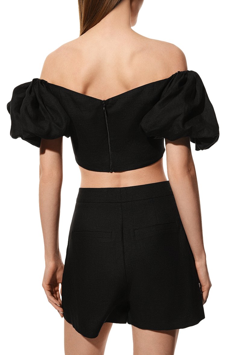 Женский льняной топ IN THE MOOD FOR LOVE черного цвета, арт. GWLADYS/SS2102700007 | Фото 4 (Рукава: Короткие; Длина (для топов): Укороченные; Стили: Романтичный; Материал внешний: Лен; Материал подклада: Синтетический материал; Автоматизация ТО: Проставлено; Автоматизация состава: Проставлено)