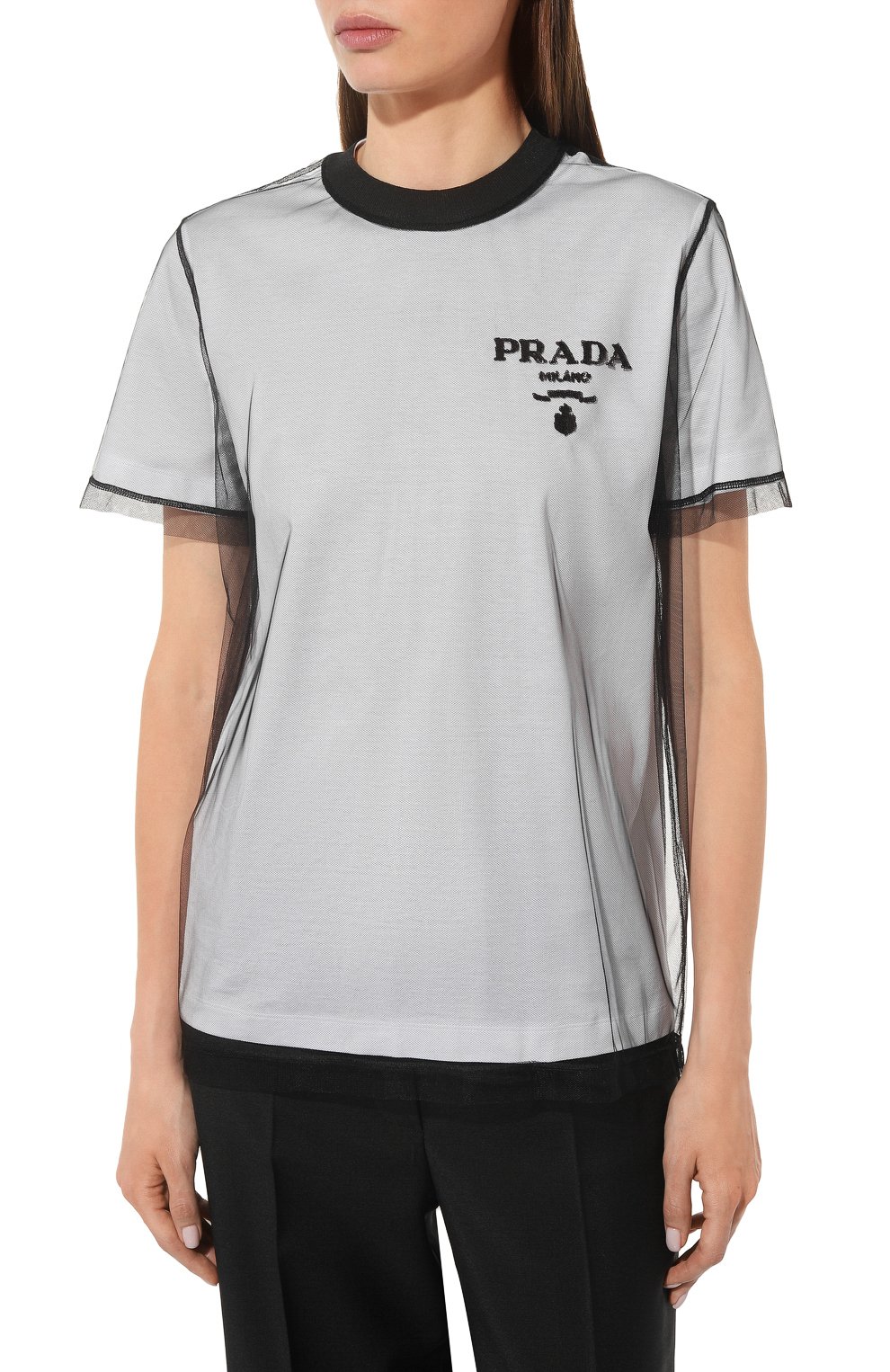 Хлопковая футболка PRADA черно-белого цвета по цене 115000 руб., арт. 3579AR-1Z5S-F0964-221, фото 3 Хлопковая футболка PRADA, арт. 3579AR-1Z5S-F0964-221, фото 3