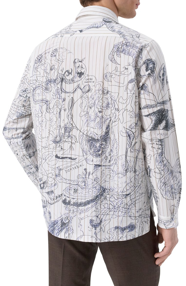 Мужская хлопковая рубашка DOMREBEL белого цвета, арт. UT0PIA/L0NGSLEEVE SHIRT | Фото 4 (Рукава: Длинные; Длина (для топов): Стандартные; Материал внешний: Хлопок; Манжеты: На пуговицах; Принт: С принтом; Воротник: Кент; Случай: Повседневный; Стили: Гранж)
