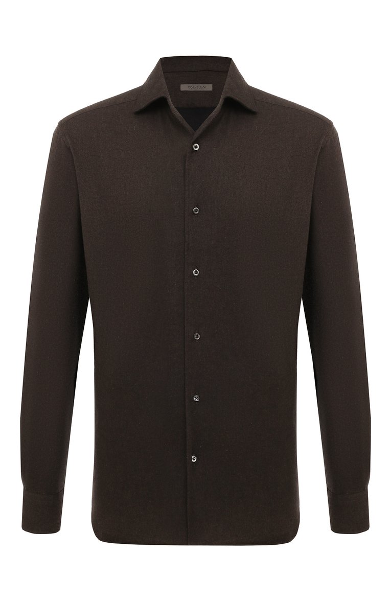 Мужская хлопковая рубашка CORNELIANI темно-коричневого цвета, арт. 94P156-9411510 | Фото 1 (Материал внешний: Хлопок; Длина (для топов): Стандартные; Рукава: Длинные; Рубашки М: Regular Fit; Стили: Кэжуэл; Случай: Повседневный; Манжеты: На пуговицах; Принт: Однотонные; Воротник: Акула; Автоматизация состава: Проставлено; Автоматизация ТО: Проставлено; Детали: Без декора)
